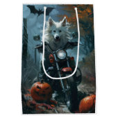 American Eskimo Riding Motorcycle Halloween Scary Medium Cadeauzakje (Achterkant)