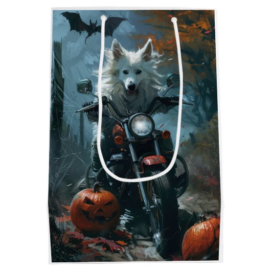 American Eskimo Riding Motorcycle Halloween Scary Medium Cadeauzakje (Achterkant)