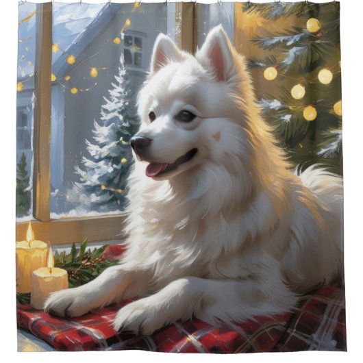 American Eskimo With Christmas Lights Holiday Douchegordijn (Voorkant)