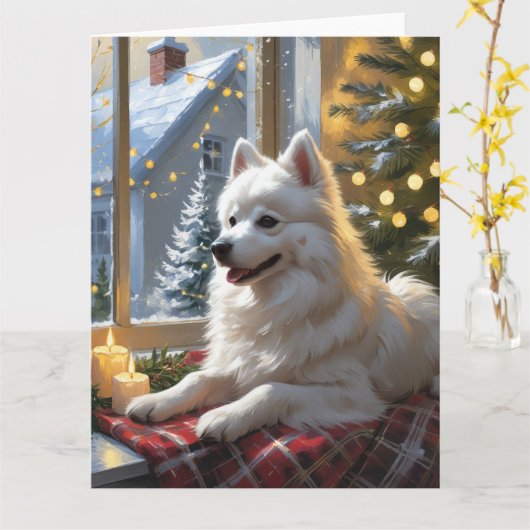 American Eskimo With Christmas Lights Holiday Kaart (Gele Bloem)