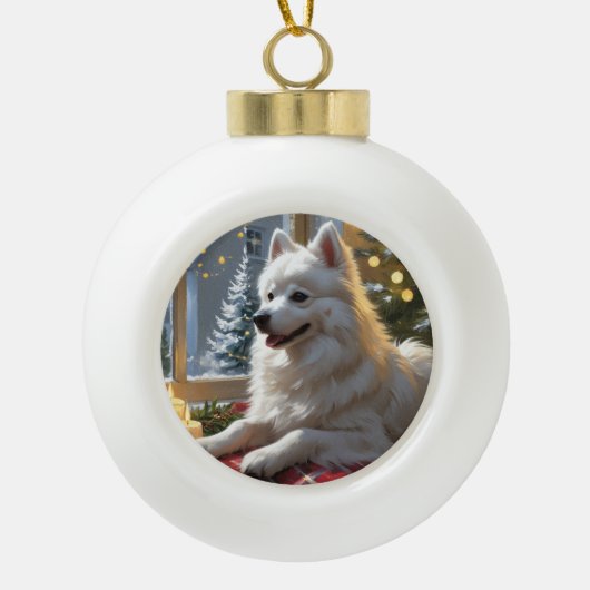 American Eskimo With Christmas Lights Holiday Keramische Bal Ornament (Voorkant)