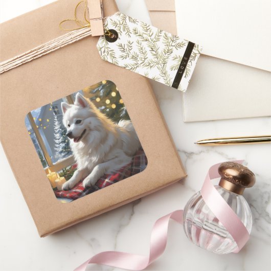 American Eskimo With Christmas Lights Holiday Vierkante Sticker (Geschenken)