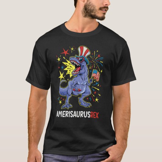 American Flag 4th of July T Rex Dinosaur Amerisaur T-shirt (Voorkant)