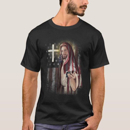 American Flag And Jesus Happy Independence Day 4th T-shirt (Voorkant)
