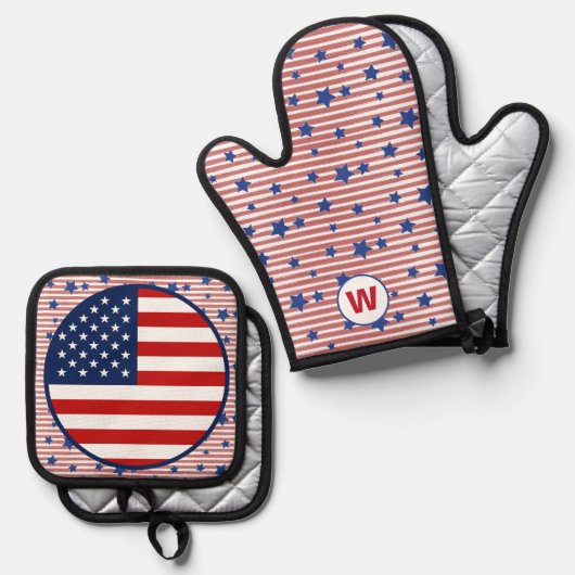 American Flag Art Stars en Stripes Monogram Ovenwant & Pannenlap Set (Voorkant / Achterkant)