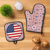 American Flag Art Stars en Stripes Monogram Ovenwant & Pannenlap Set (Top down)