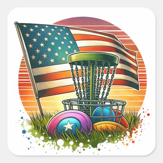 American Flag Disc Golf  Sun Vierkante Sticker (Voorkant)