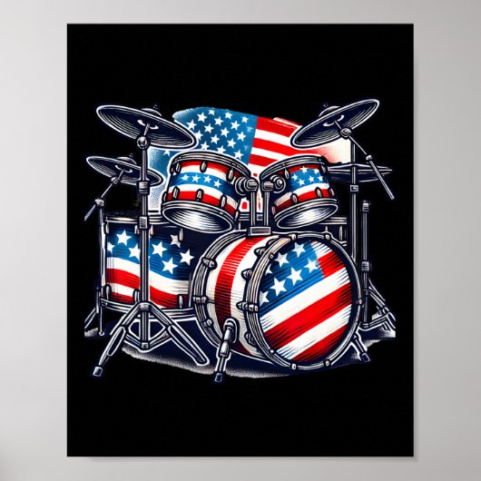 American Flag Drum Drumset Usa Patriotic Drummer 4 Poster (Voorkant)
