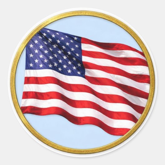 American Flag Gold Trim Round Sticker – Patriotic (Voorkant)