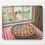American Flag on a Cherry Pie Muismat<br><div class="desc">Cherry pie with an American flag lattice crust on a red and white checkered tablecloth by a farmhouse window</div>