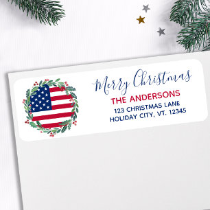 American Flag Patriotic Kerstmis Return Address Etiket