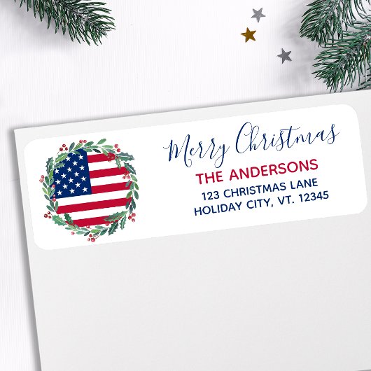 American Flag Patriotic Kerstmis Return Address Etiket