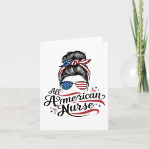 American Flag Patriotic Nurse Messy Bun 4th Of Jul Kaart