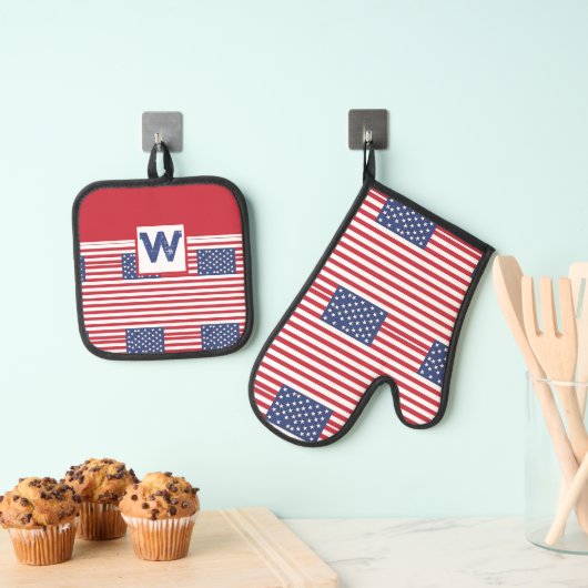 American Flag Pattern 4th of Juli Gepersonaliseerd Ovenwant & Pannenlap Set (Insitu(Ophanging))