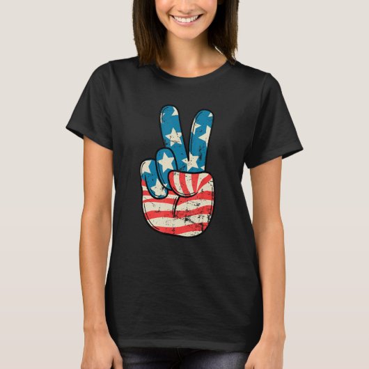 American Flag Peace Sign Hand 4th of July Patrioti T-shirt (Voorkant)