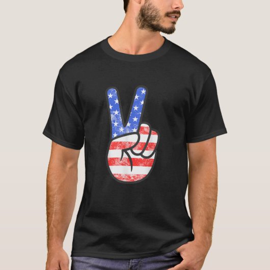 American Flag Peace Sign Hand T-Shirt Fourth of Ju (Voorkant)