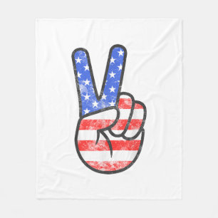 American Flag Peace Sign Hand T-Shirt Fourth of Ju Fleece Deken