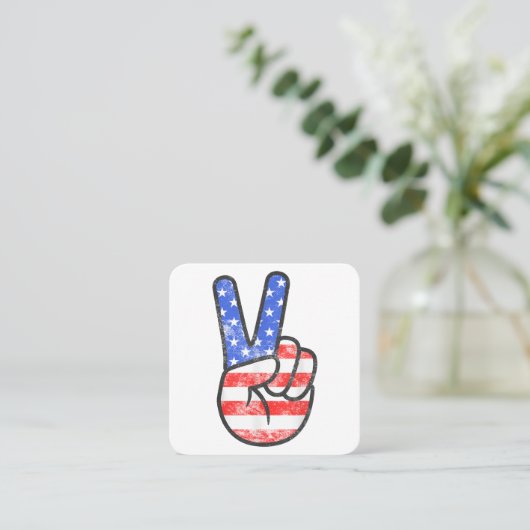American Flag Peace Sign Hand T-Shirt Fourth of Ju Vierkante Visitekaartje (Staand voorkant)