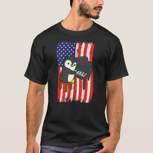 American Flag Penguin Playing Piano T-shirt (Voorkant)