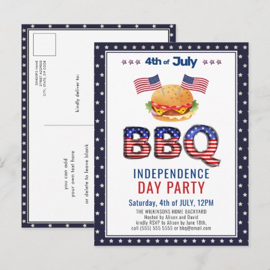 American Flag Red White Blue 4th of JULY BBQ Uitnodiging Briefkaart (Voorkant / Achterkant)