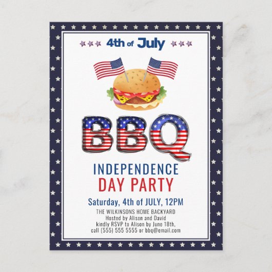 American Flag Red White Blue 4th of JULY BBQ Uitnodiging Briefkaart (Voorkant)