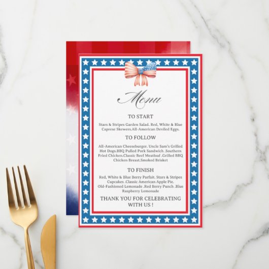 American Flag USA Flag Theme Menu Card (Voorkant / Achterkant in situ)