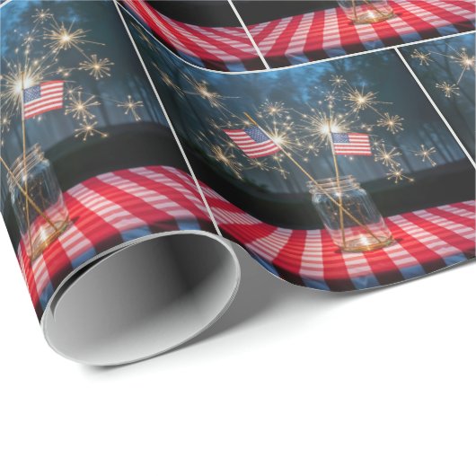 American Flags With Sparklers In a Mason Jar Cadeaupapier (Rol Hoek)