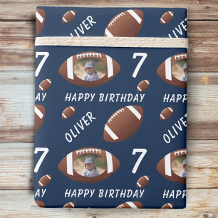 American Football Bal Happy Birthday Foto Blauw Cadeaupapier