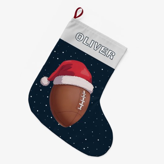 American Football Ball Red Santa Hat Name Grote Kerstsok (Voorkant (Hangend))