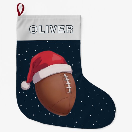 American Football Ball Red Santa Hat Name Grote Kerstsok (Voorkant)