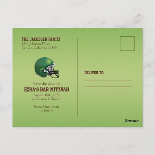 American Football Bar Mitzvah Sla de datum op Briefkaart (Achterkant)