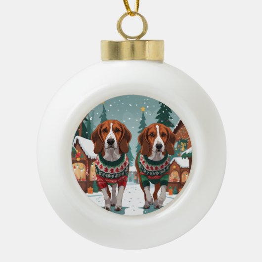 American Foxhound Dogs Christmas Snow Holiday Keramische Bal Ornament (Voorkant)