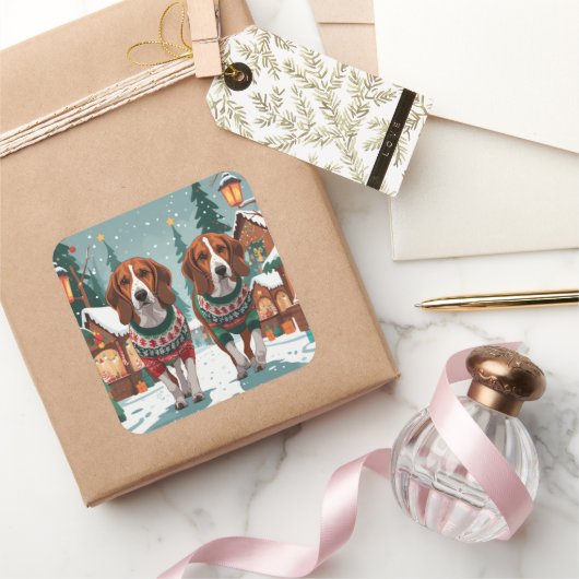 American Foxhound Dogs Christmas Snow Holiday Vierkante Sticker (Geschenken)