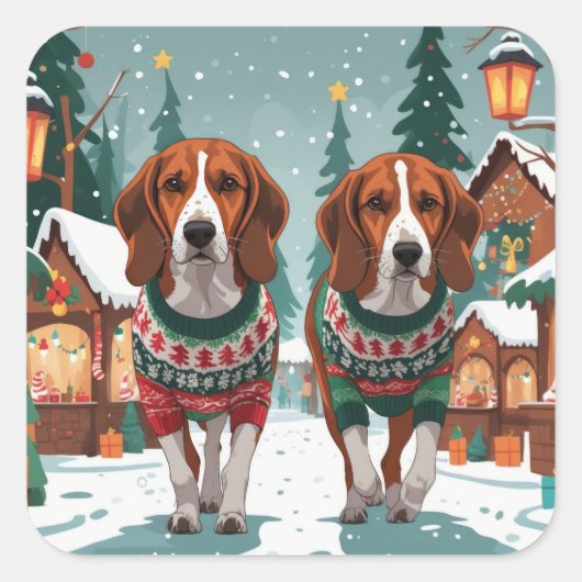 American Foxhound Dogs Christmas Snow Holiday Vierkante Sticker (Voorkant)