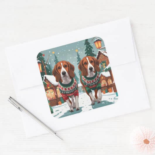 American Foxhound Dogs Christmas Snow Holiday Vierkante Sticker (Envelop)