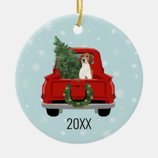 American Foxhound kerst Red Truck Keramisch Ornament (Voorkant)