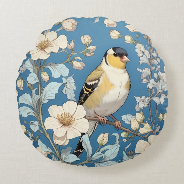 American Goldfinch William Morris Inspired Rond Kussen (Voorkant)