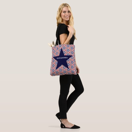 American Patriotic Red White Blue Star Patroon Tote Bag (Op model)