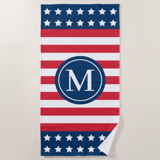 American Red White Blue Custom Monogram Initiaal Strandlaken (Voorkant)