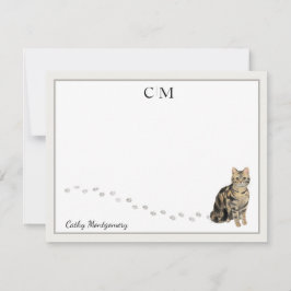 American Short Hair Brown Tabby Cat Monogram Name Notitiekaartje