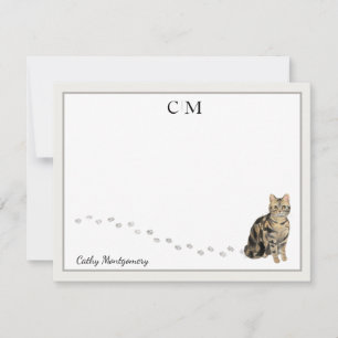 American Short Hair Brown Tabby Cat Monogram Name Notitiekaartje