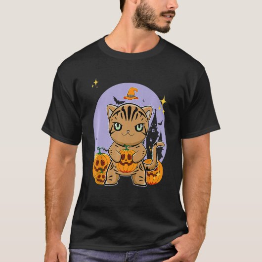 American Shorthair Cat With Pumpkin Halloween T-shirt (Voorkant)