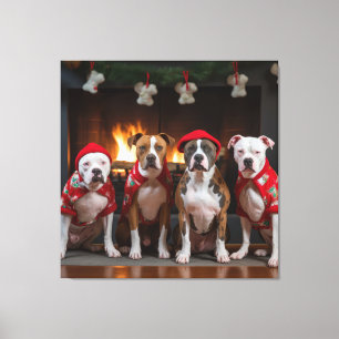 American Staffordshire bij de open haard Kerstmis Canvas Afdruk