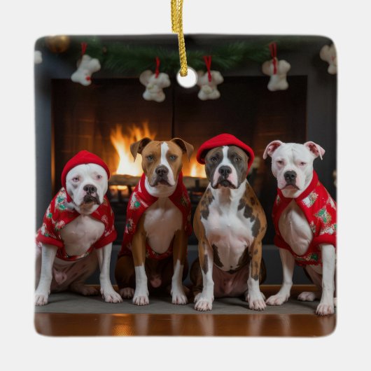 American Staffordshire bij de open haard Kerstmis Keramisch Ornament (Voorkant)