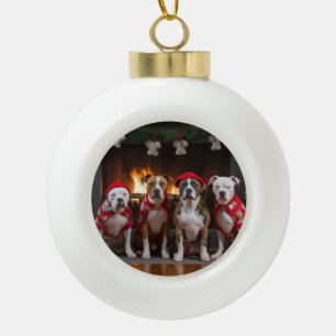 American Staffordshire bij de open haard Kerstmis Keramische Bal Ornament