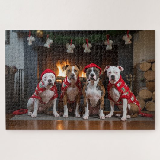 American Staffordshire bij de open haard Kerstmis Legpuzzel (Horizontaal)