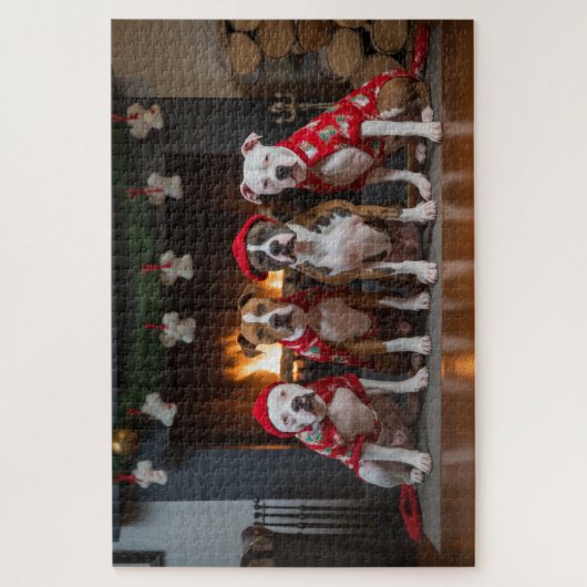 American Staffordshire bij de open haard Kerstmis Legpuzzel (Verticaal)