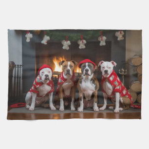 American Staffordshire bij de open haard Kerstmis Theedoek