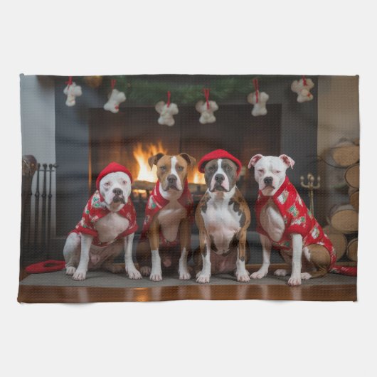 American Staffordshire bij de open haard Kerstmis Theedoek (Horizontaal)