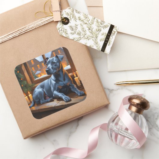 American Staffordshire Christmas Lights Holiday Vierkante Sticker (Geschenken)